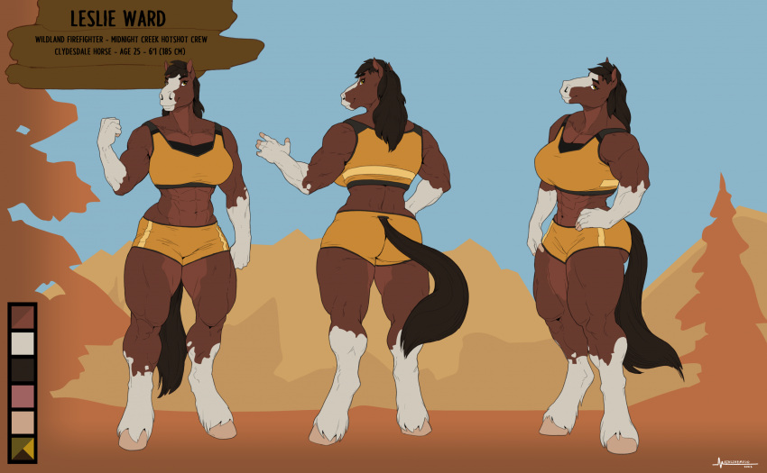 2023 anthro black_mane black_tail bra brown_body brown_eyes clothing clydesdale draft_horse equid equine female front_view greasymojo hands_on_hips hi_res hooves horse leslie_ward_(spyglass8) mammal mane markings multiple_poses muscular muscular_anthro muscular_female pecs pecs_with_breasts pose rear_view side_view solo sports_bra sports_panties tail underwear warm_colors white_markings