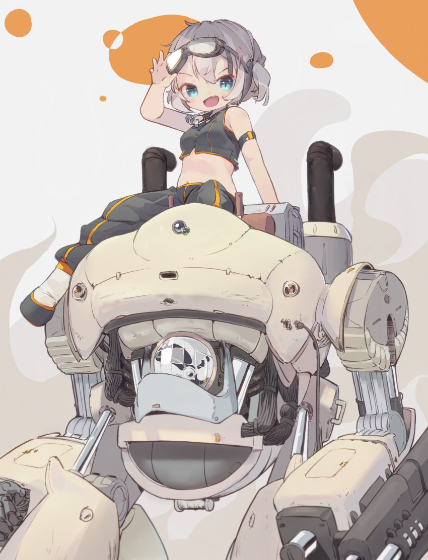 :d absurdres adjusting_goggles aqua_eyes arm_strap bare_shoulders black_footwear black_pants boots breasts cable commentary_request crop_top female goggles goggles_on_head grey_hair hand_up highres industrial_pipe jewelry mecha medium_hair midriff necklace nep_(nep_76) nut_(hardware) oerba_yun_fang open_mouth original pants pants_tucked_in robot short_twintails skin_fang sleeveless small_breasts smile solo twintails v-shaped_eyebrows white_footwear