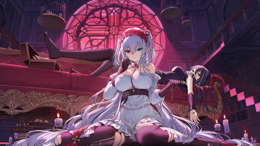 2girls absurdres azur_lane bare_shoulders birdcage black_dress black_gloves black_hair black_pantyhose blue_eyes book bookshelf breasts cage candle commentary couch detached_sleeves dress elbing_(azur_lane) elbing_(the_throne_of_misfortune)_(azur_lane) fire frilled_dress frills gloves grey_hair hair_between_eyes hands_up heterochromia highres indoors large_breasts long_hair long_sleeves lying mo_xiaoxue multiple_girls no_shoes official_alternate_costume official_art on_back on_couch pantyhose puffy_long_sleeves puffy_sleeves railing red_eyes round_window symbol-only_commentary torn_clothes torn_pantyhose two_side_up u-47_(azur_lane) u-47_(sanguine_moon_sojourn)_(azur_lane) very_long_hair white_dress white_sleeves window