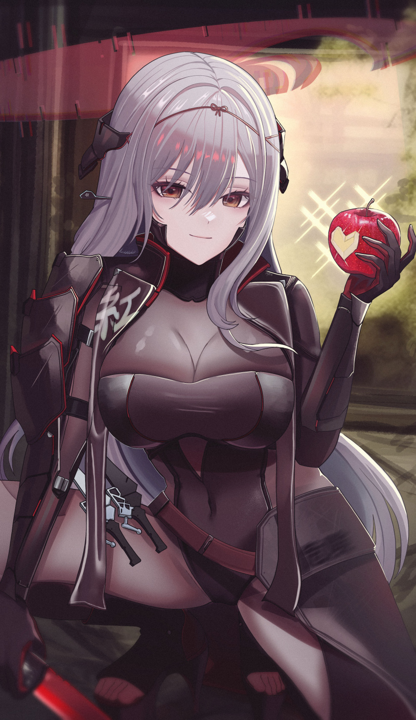 absurdres apple armor bodysuit breasts brown_eyes closed_mouth female food fruit gmg goddess_of_victory:_nikke grey_bodysuit grey_hair hair_ornament hair_stick halo high_heels highres holding holding_sword holding_weapon japanese_armor large_breasts long_hair official_alternate_costume scarlet_(black_shadow)_(nikke) scarlet_(nikke) shoulder_armor smile solo squatting sword weapon