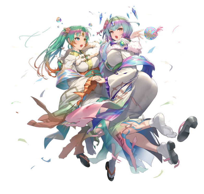 2girls aqua_eyes ass breasts bubble crystal damaged duplicate fire_emblem fire_emblem_heroes forehead_jewel green_eyes heidr_(fire_emblem) heidr_(new_year)_(fire_emblem) japanese_clothes kimono large_breasts multiple_girls official_alternate_costume official_art sandals seidr_(fire_emblem) seidr_(new_year)_(fire_emblem) tabi third-party_source torn_clothes white_background