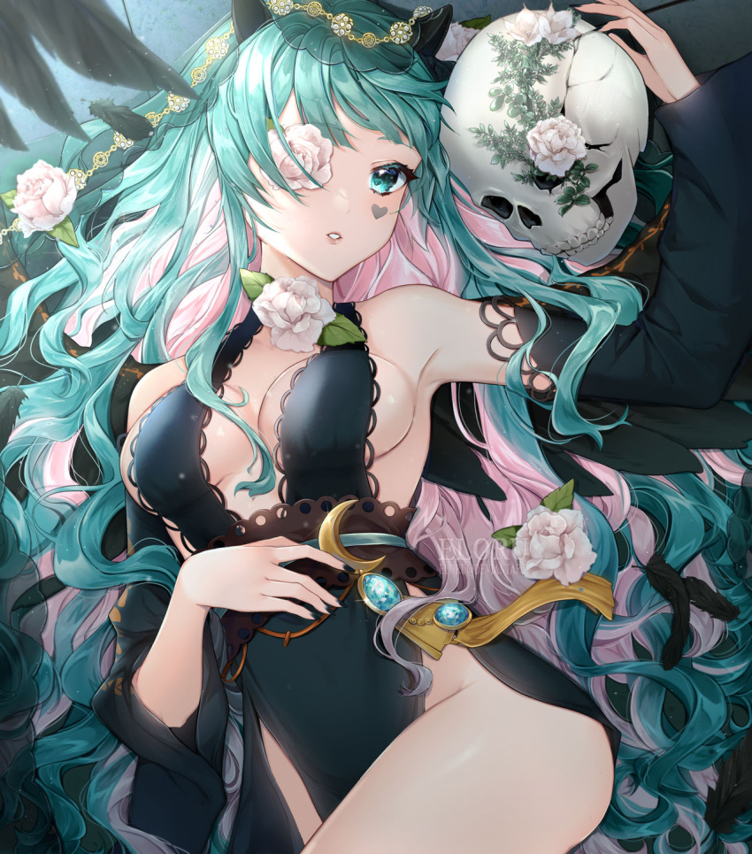 aqua_eyes bare_shoulders black_dress black_horns black_nails black_sleeves breasts center_opening commentary commission cowboy_shot crescent detached_sleeves dress eloru english_commentary eyelashes female flower flower_in_eye green_hair hairband hand_on_own_stomach heart heart_on_cheek heart_tattoo highres holding holding_skull horns lace-trimmed_dress lace_hairband lace_trim large_breasts leaf long_hair long_sleeves looking_at_viewer lying marking_on_cheek multicolored_hair nail_polish on_back one-eyed original parted_lips pink_hair pink_lips rose side_slit sideboob skull sleeveless sleeveless_dress small_horns solo symbol_in_eye tassel tattoo two-tone_hair very_long_hair wavy_hair white_flower white_rose wide_sleeves yellow_hairband