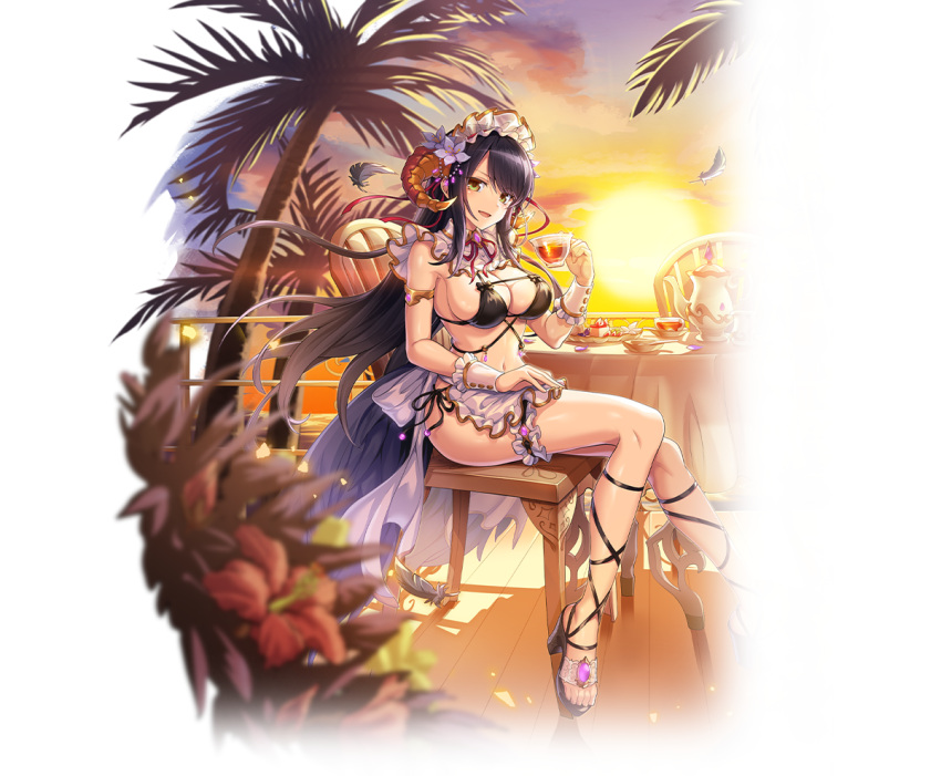 amon_(kamihime_project) apron armlet armpit_crease artist_request beads bikini black_bikini black_footwear black_hair black_ribbon breasts bridal_garter brown_eyes cake capelet chair cleavage cloud collared_capelet cup demon_horns falling_feathers feathered_wings feathers female floating_hair flower food frilled_apron frilled_capelet frilled_wrist_cuffs frills gem gold_trim hair_flower hair_ornament hair_ribbon hand_on_own_thigh head_tilt high_heels holding holding_cup horns kamihime_project large_breasts leg_ribbon long_hair looking_at_viewer maid maid_apron maid_bikini maid_headdress micro_bikini navel neck_ribbon official_art on_chair palm_tree parted_lips purple_gemstone railing red_ribbon ribbon side-tie_bikini_bottom sideboob sitting sky smile solo strappy_heels string_bikini sun sunset swimsuit table tablecloth tea_set teacup teapot thighs transparent_background tree unconventional_maid waist_apron wind wings wooden_floor wrist_cuffs