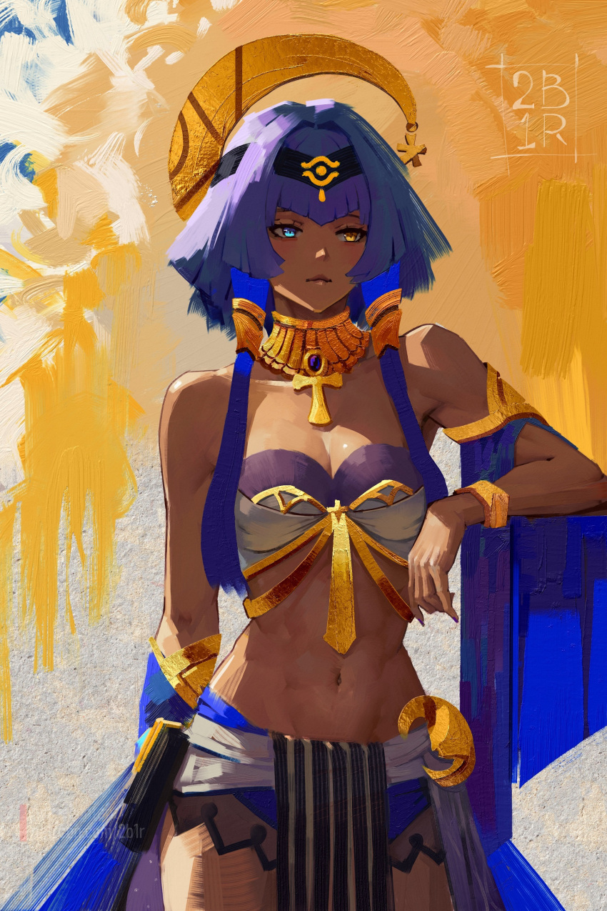 absurdres ankh arm_up artist_name bare_shoulders blue_eyes blue_hair blush breasts candace_(genshin_impact) cleavage closed_mouth commentary crescent crescent_hair_ornament dark-skinned_female dark_skin egyptian egyptian_clothes eye_of_horus faux_traditional_media female genshin_impact gold_choker gold_trim hair_ornament hairband heterochromia highres impasto jewelry looking_at_viewer medium_breasts navel neck_ring painterly ravine_bells short_hair_with_long_locks sidelocks solo standing stomach yellow_eyes