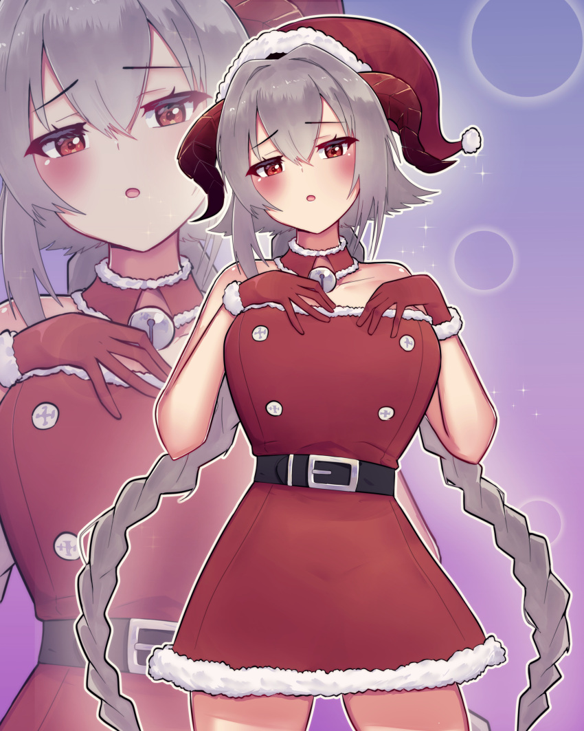 absurdres azur_lane bare_shoulders bell belt blush braid buttons christmas collar cowboy_shot detached_collar dress female gloves gradient_background grey_hair hair_between_eyes hair_intakes hands_on_own_chest hands_up hat highres horns long_hair looking_at_viewer low_twin_braids neck_bell nuernberg_(azur_lane) outline parted_lips red_collar red_dress red_eyes red_gloves red_hat red_horns santa_costume santa_dress santa_hat short_dress sleeveless sleeveless_dress solo sparkle twin_braids vladitsvar white_outline