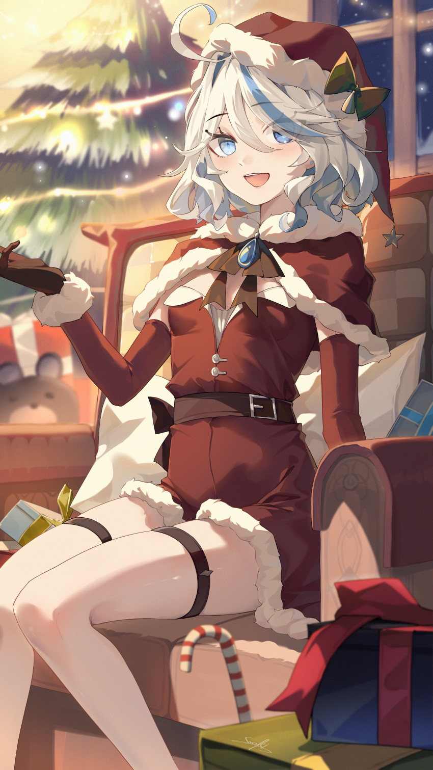 absurdres bare_legs belt black_gloves blue_brooch blue_eyes blue_gemstone blue_hair bow candy candy_cane capelet christmas christmas_tree couch cowlick curly_hair detached_sleeves drop-shaped_pupils female food fur-trimmed_capelet fur-trimmed_sleeves fur_trim furina_(genshin_impact) garter_belt gem genshin_impact gift gloves happy hat hat_bow heterochromia highres light_blue_hair mismatched_pupils multicolored_hair night on_couch santa_hat short_hair signature sitting smile snozaki stuffed_animal stuffed_toy symbol-shaped_pupils teddy_bear white_hair window