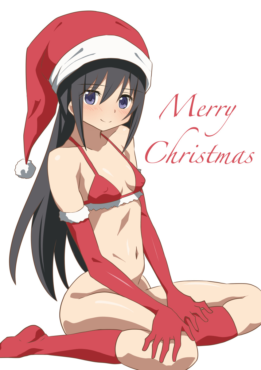 absurdres akemi_homura bad_id bad_pixiv_id bikini bikini_top_only black_hair blush bottomless breasts christmas covered_nipples elbow_gloves female fur_trim gloves hat hateri highres kneehighs long_hair looking_at_viewer mahou_shoujo_madoka_magica merry_christmas navel purple_eyes red_bikini red_gloves red_socks santa_bikini santa_costume santa_hat simple_background sitting small_breasts smile socks solo swimsuit wariza white_background