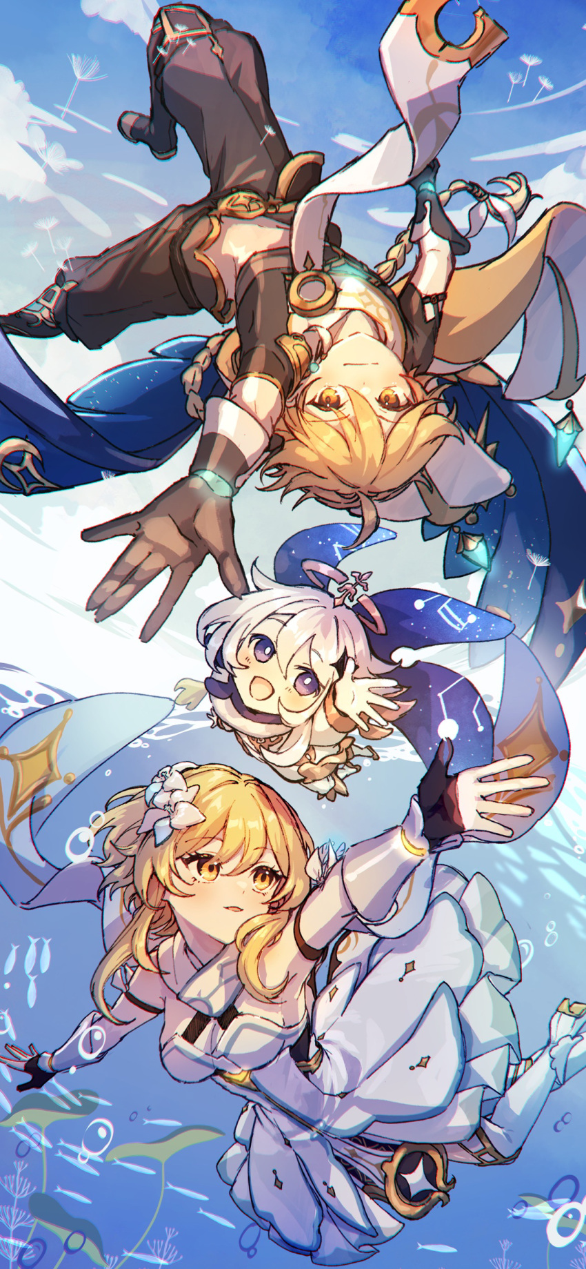 1boy 2girls :d \||/ absurdres aether_(genshin_impact) ahoge arched_back arm_up armpits black_gloves blonde_hair blue_eyes blue_sky braid breasts brother_and_sister brown_gloves brown_pants cleavage cloud dandelion_seed dress fingerless_gloves floating flower foreshortening genshin_impact gloves glowing hair_between_eyes hair_flower hair_ornament hand_up highres hozumi_rino lolicon looking_at_viewer lotus_leaf lumine_(genshin_impact) medium_breasts multiple_girls open_hand open_mouth orange_eyes paimon_(genshin_impact) pants reaching reaching_towards_viewer romper short_hair short_hair_with_long_locks siblings sky sleeveless sleeveless_dress smile twins upside-down vambraces white_dress white_flower white_romper yellow_eyes