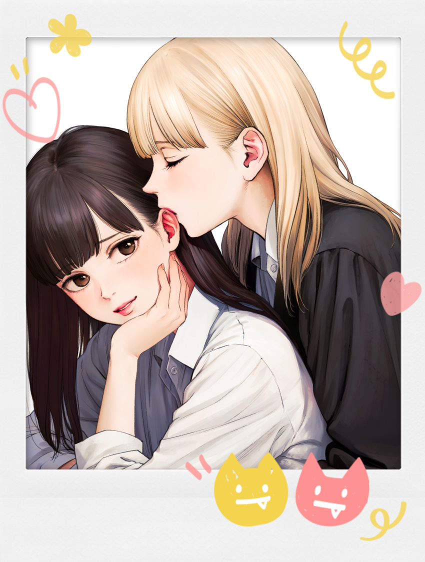 2girls aria_(vampeerz) black_hair blonde_hair brown_eyes closed_eyes collared_shirt hand_on_own_chin higashiyama_shou highres ichika_(vampeerz) kissing_ear light_blush long_hair looking_at_another multiple_girls official_art parted_lips photo_(object) shirt sleeves_rolled_up upper_body vampeerz white_background white_shirt yuri