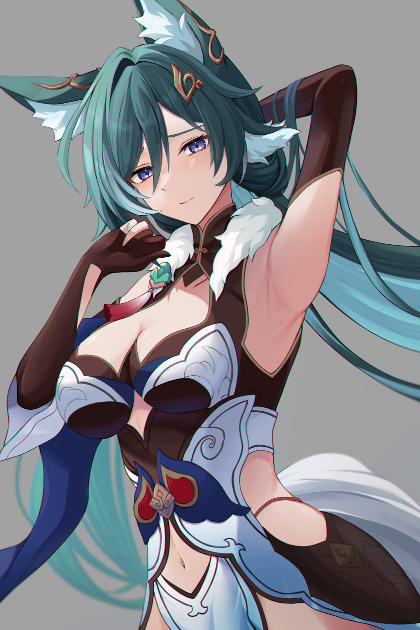 absurdres akinonohara animal_ear_fluff animal_ears archery_shooting_glove arm_up armpits blush breasts cleavage cleavage_cutout clothing_cutout collarbone detached_sleeves female fox_ears fox_tail gloves green_hair grey_background hair_between_eyes hair_ornament highres honkai:_star_rail honkai_(series) large_breasts light_smile linea_alba long_hair looking_at_viewer navel navel_cutout partially_fingerless_gloves purple_eyes red_thong side_cutout simple_background solo tail tassel very_long_hair yukong_(honkai:_star_rail)