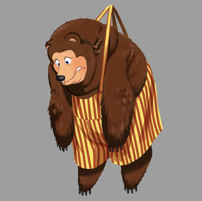 anthro bear billy_bob_brockali brown_bear brown_body brown_fur carried clothed clothing colored creative_engineering_incorporated digital_media_(artwork) fur grey_background grizzly_bear hi_res kotobuki529 looking_down male mammal nervous overweight overweight_anthro overweight_male scared shocked showbiz_pizza_place simple_background solo suspension the_rock-afire_explosion ursine