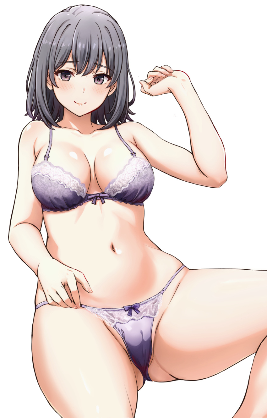 ass_visible_through_thighs black_eyes black_hair bow bow_bra bow_panties bra breasts cameltoe closed_mouth collarbone female groin hand_up highres inanaki_shiki invisible_chair lace-trimmed_bra lace-trimmed_panties lace_trim light_smile looking_at_viewer medium_breasts navel panties purple_bra purple_panties short_hair simple_background sitting solo spread_legs thighs underwear underwear_only white_background yahari_ore_no_seishun_lovecome_wa_machigatteiru. yukinoshita_haruno