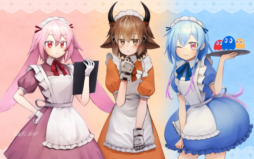 3boys :< alternate_costume animal_ears ansel_(arknights) apron arknights artist_name bison_(arknights) blinky_(pac-man) blue_background blue_dress blue_hair blue_ribbon blush brown_eyes brown_hair clipboard closed_mouth clyde_(pac-man) commentary_request cow_boy cow_ears cow_horns crossdressing dress enmaided frilled_apron frills ghost gloves gradient_hair hair_between_eyes hand_on_own_hip hand_up highres holding holding_clipboard holding_tray horns inky_(pac-man) looking_at_viewer maid maid_apron maid_headdress male_focus mizuki_(arknights) moribe_denkou multicolored_hair multiple_boys neck_ribbon one_eye_closed orange_background orange_dress orange_ribbon otoko_no_ko pac-man_(game) pink_background pink_eyes pink_hair puffy_short_sleeves puffy_sleeves purple_dress purple_hair rabbit_boy rabbit_ears red_eyes red_ribbon ribbon short_hair short_hair_with_long_locks short_sleeves sidelocks signature simple_background smile tray twitter_username two-tone_hair white_apron white_gloves