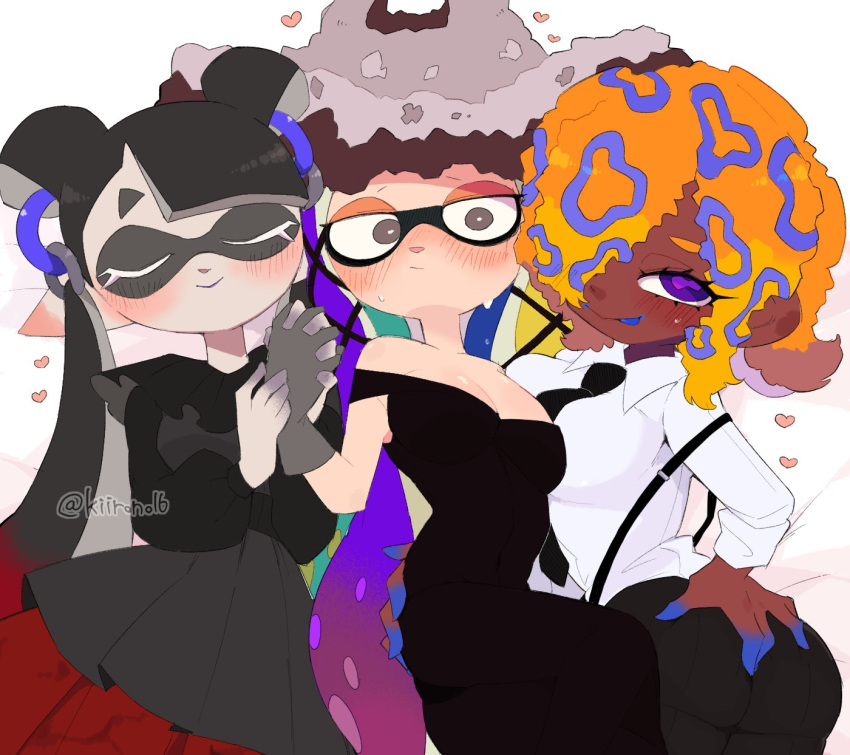 3girls black_dress black_pants breasts brown_eyes cleavage dark-skinned_female dark_skin dress hand_on_own_ass highres holding_hands inkling jessika_(splatoon) kiirono looking_at_viewer multiple_girls necktie octoling orange_hair pants purple_eyes shirt smile splatoon_(series) splatoon_3 suspenders tao_blu_(splatoon) tentacle_hair white_shirt yoko_(splatoon) yuri