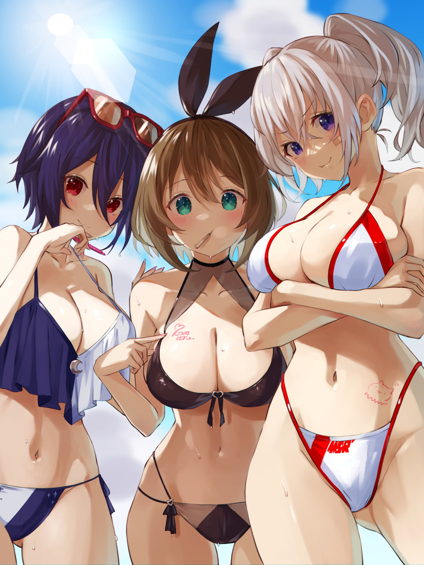 3girls absurdres aogiri_koukou arms_under_breasts bandaid bandaid_on_cheek bandaid_on_face bare_shoulders bikini black_bikini blue_hair blue_sky blush body_writing breasts brown_hair cleavage cloud collarbone crescent crossed_arms eyewear_on_head glasses green_eyes hair_between_eyes highleg highleg_bikini highres kkix25 kurikoma_komaru large_breasts multiple_girls navel ooshiro_mashiro otodama_tamako purple_eyes red-framed_eyewear red_eyes short_hair side-tie_bikini_bottom sky smile split-color_clothes stomach sunglasses swimsuit twintails two-tone_bikini virtual_youtuber wet white_bikini white_hair