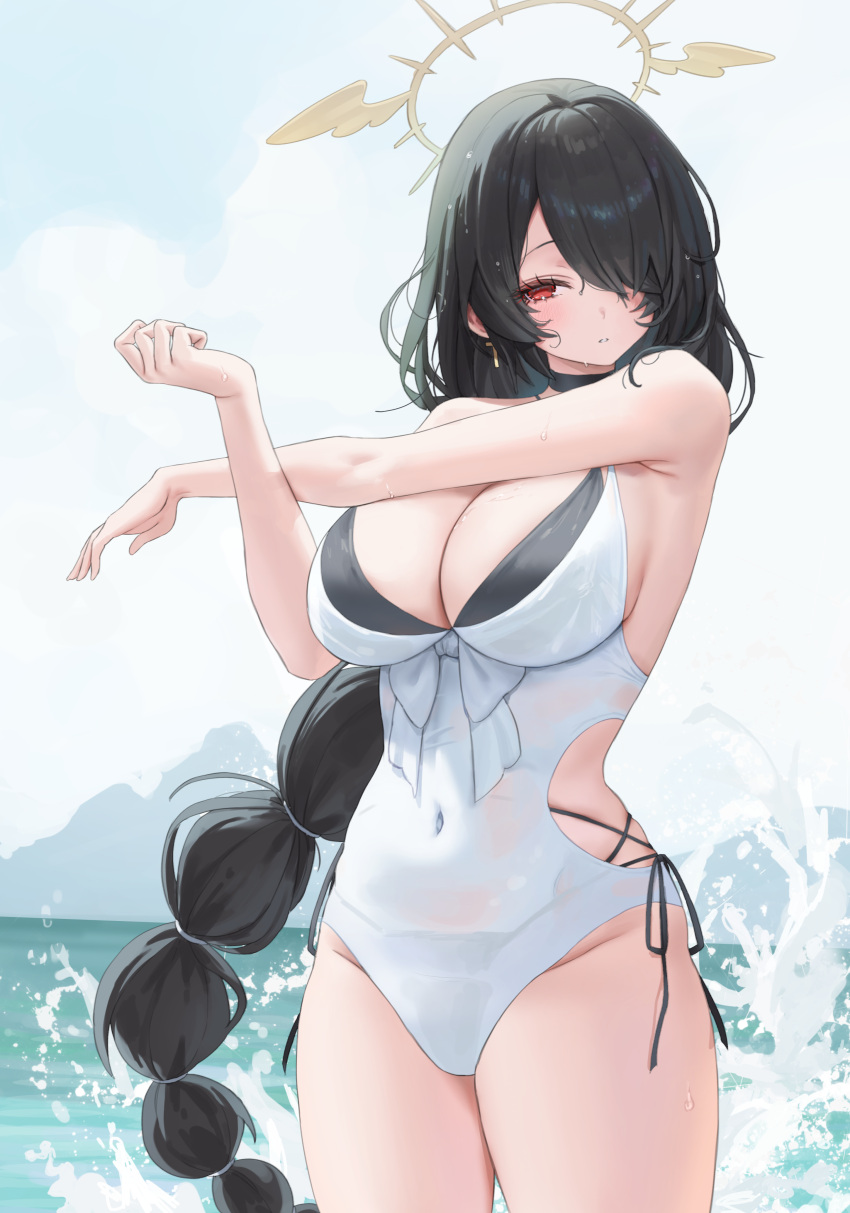 absurdres bare_arms bare_legs bare_shoulders bikini black_bikini black_hair blue_archive blush braid breasts cleavage closed_mouth cowboy_shot day female hair_over_one_eye halo highres hinata_(blue_archive) hinata_(swimsuit)_(blue_archive) large_breasts long_hair navel ocean official_alternate_costume outdoors p00nipooni red_eyes single_braid solo stretching swimsuit water yellow_halo