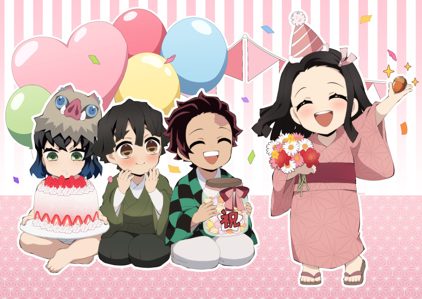 3boys absurdres agatsuma_zenitsu aged_down arm_up balloon barefoot black_hair blue_hair blush boar_mask brown_eyes cake checkered_clothes checkered_kimono closed_eyes closed_mouth female flower food forehead full_body green_eyes hair_ribbon happy_birthday hashibira_inosuke hat highres holding holding_flower holding_jar japanese_clothes jar kamado_nezuko kamado_tanjirou kimetsu_no_yaiba kimono lolicon long_hair multicolored_hair multiple_boys open_mouth peanut pink_kimono pink_ribbon plate pori_(kmt_pori) ribbon sandals scar scar_on_face scar_on_forehead short_hair smile toes zouri