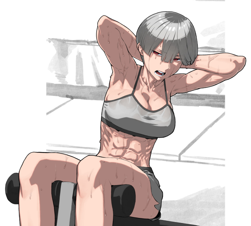 abs armpits arms_behind_head blunt_bangs bowl_cut breasts center-flap_bangs cleavage collarbone exercise_machine exercising feet_out_of_frame female grey_hair grey_sports_bra gym_shorts half-closed_eyes highres large_breasts midriff open_mouth original red_eyes rggr short_hair shorts sit-up solo sports_bra sportswear sweat teeth toned very_sweaty