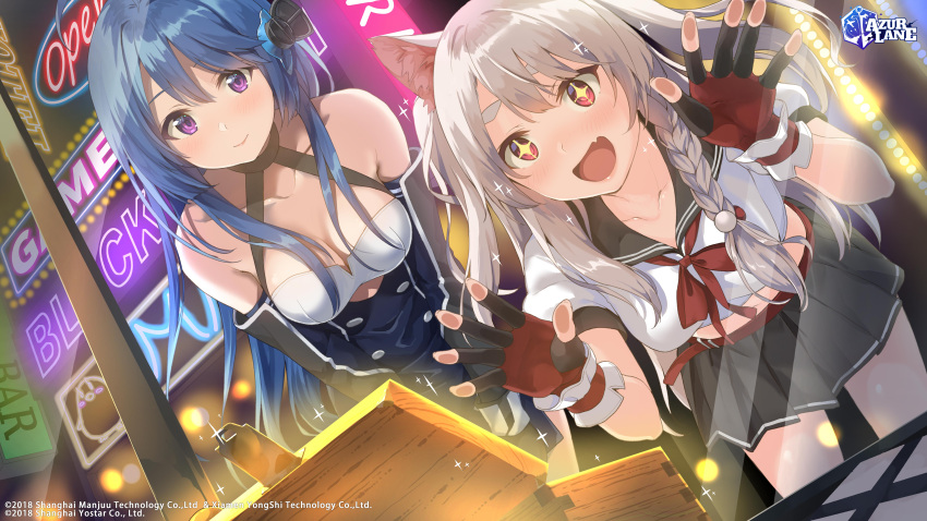 +_+ 2girls :d absurdres against_glass ahoge animal_ears asymmetrical_hair azur_lane black_skirt blue_dress blue_hair blurry blurry_background blush bow bowtie braid breasts buttons cleavage closed_mouth cowboy_shot criss-cross_halter detached_sleeves dog_ears double-breasted dress fingerless_gloves gloves grey_hair halterneck headgear helena_(azur_lane) highres leaning_forward light_rays long_hair medium_breasts midriff miniskirt multiple_girls neck_ribbon neon_lights oerba_yun_fang official_art open_box open_mouth pleated_skirt purple_eyes red_bow red_bowtie red_eyes red_gloves ribbon sailor_collar school_uniform second-party_source serafuku shirt short_sleeves side_braid single_braid skin_fang skirt smile sparkle sparkling_eyes standing thick_eyebrows two_side_up unasaka_ryou white_shirt wind yuudachi_(azur_lane)