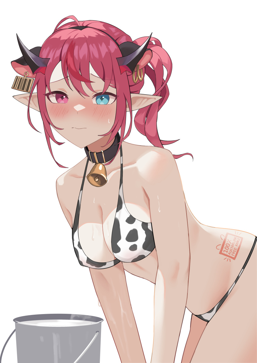 absurdres ahoge alternate_hairstyle animal_collar animal_ear_piercing animal_ears animal_print barcode bell bikini black_collar blue_eyes blush breasts bucket cleavage collar cow_ears cow_print cow_print_bikini cowbell ear_tag earrings embarrassed extra_ears female halterneck heterochromia highres hololive hololive_english horns irys_(hololive) jewelry looking_at_viewer medium_breasts milk multicolored_hair neck_bell official_alternate_hairstyle piercing pink_eyes pointy_ears print_bikini purple_eyes red_hair shift_(shiftillust) side_ponytail simple_background solo stamp_mark string_bikini sweat swimsuit two-tone_hair virtual_youtuber white_background