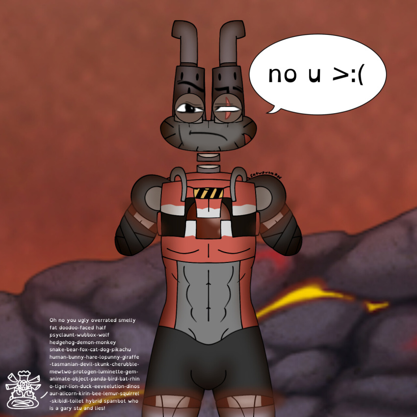 >:( 1:1 2023 2_missing_limbs abs amputee angry animal_slur annoyed anthro armless aurali_(satuputra) belly black_bandage black_bottomwear black_clothing black_shorts bottomwear brown_core brown_electric brown_lightning brown_orb bulge chapstick clothing colored_line_art core crown cybernetics cyborg detailed_shading dialogue digital_drawing_(artwork) digital_media_(artwork) disability double_amputee earless earth_island electric electricity electronics english_text epic_wubbox exhaust_pipe exhaust_pipe_horns eye_scar facial_scar female floating_neck front_view frown gantlety gem glowing gold_island grey_belly grey_neck grey_shoulder_pads half_body harassment hazard_stripes headgear hi_res humanoid humor ibispaint_(artwork) insult lightning lip_scar looking_at_another machine male meme meme_face meme_reference missing_all_arms missing_arm mouth_closed muscular muscular_male no_u no_u_>:( noseless not_blood not_furry offensive open_frown open_mouth open_smile orb organs outside pupils red_body redraw rib_cage roblox_man_face satuputra scar scenery_porn shaded shitpost shorts shoulder_pads smile soft_shading solo solo_focus speech_bubble teeth text the_rock's_eyebrow_raise traced tube wall_of_tags where_is_your_god_now white_line_art wubbox_(my_singing_monsters)