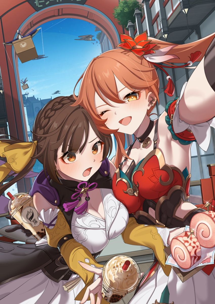 2girls black_choker braid breast_press breasts brown_eyes brown_hair chinese_clothes choker cleavage cleavage_cutout clothing_cutout crown_braid guinaifen_(honkai:_star_rail) hair_ornament hair_ribbon highres honkai:_star_rail honkai_(series) looking_at_viewer meda multiple_girls one_eye_closed open_mouth orange_eyes orange_hair ponytail ribbon selfie smile sushang_(honkai:_star_rail) yellow_ribbon