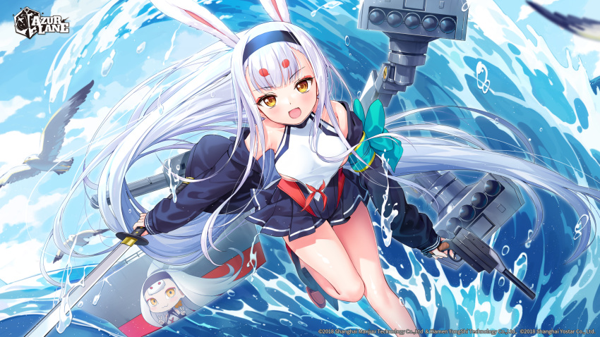 animal_ears azur_lane bare_shoulders bird blue_sky blush cloud cloudy_sky company_connection company_name copyright_name day female hairband highres holding holding_sword holding_weapon jacket leaning_forward leg_up logo long_sleeves looking_at_viewer machinery ocean off_shoulder official_art open_clothes open_jacket open_mouth outdoors pleated_skirt rabbit_ears seagull second-party_source shimakaze_(azur_lane) shiny_skin silveroid simple_background skirt sky smile sword torpedo_launcher trigger_discipline water water_drop weapon white_hair yellow_eyes