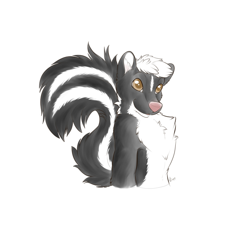 1:1 2014 anthro brown_eyes hair hi_res kwik_(artist) male mammal markings mephitid simple_background skunk solo striped_markings striped_skunk striped_tail stripes tail tail_markings white_background white_hair