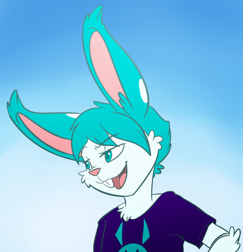 2014 anthro batnbun blue_eyes blue_hair bust_portrait clothing female fur hair hi_res lagomorph mammal portrait robo-shark shirt smile solo tongue topwear