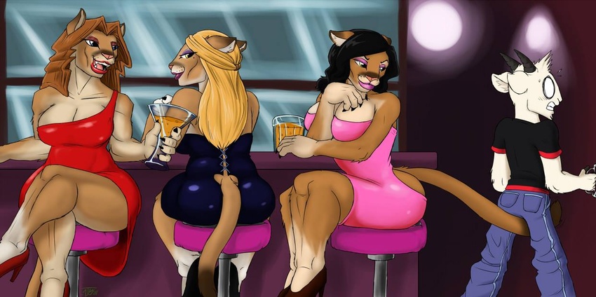 alcohol ass beverage big_breasts black_clothing black_dress black_hair blonde_hair bovid breasts brown_hair caprine clothed clothing cocktail_dress cougar dress felid feline female food footwear front_view furgonomics goat group hair high_heels lipstick makeup male male/female mammal open-butt_dress pink_clothing pink_dress predator_(disambiguation) rear_view red_clothing red_dress single_strap single_strap_clothing single_strap_dress sitting smile standing tail tail_between_legs tail_clothing thewill