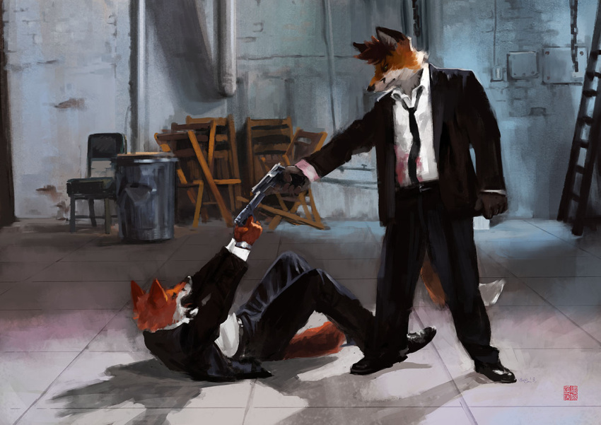 5_fingers aiming aiming_at_another anthro blood bodily_fluids canid canine chair clothed clothing duo fingers footwear fox fully_clothed furniture glare gun handgun ladder lying male mammal mr._pink mr._white necktie on_back on_ground pistol plantigrade racoonwolf ranged_weapon reservoir_dogs s&w_639 s&w_659 shoes smith_&_wesson suit trash_can weapon yelling