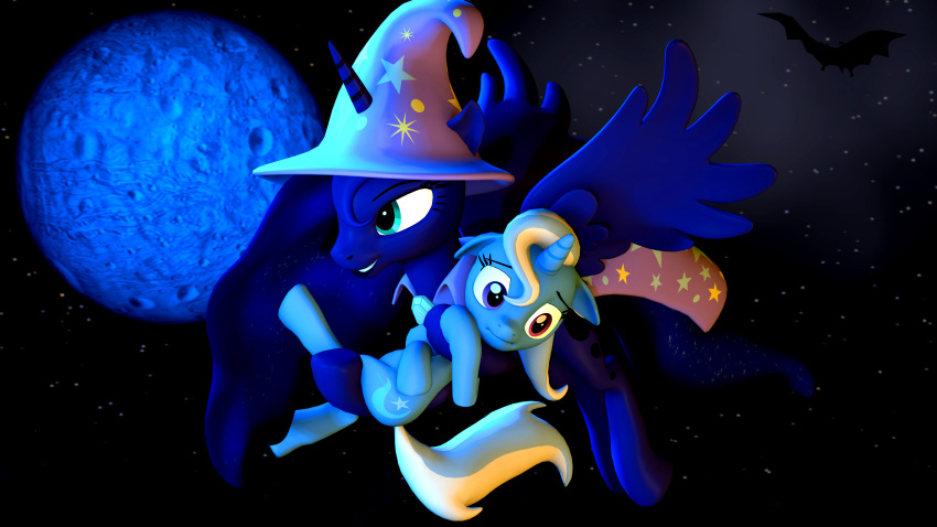 16:9 2014 3d_(artwork) absurd_res alicorn digital_media_(artwork) duo equid equine feathered_wings feathers female feral flying friendship_is_magic hasbro hi_res horn horse mammal my_little_pony mynokiarules mythological_creature mythological_equine mythology princess_luna_(mlp) trixie_(mlp) unicorn widescreen wings