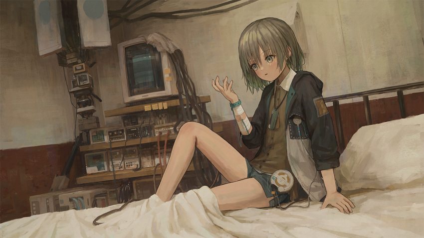 asatsugutori bandaged_wrist bandages bed bed_sheet blush cable cardigan collared_shirt dog_tags female game_cg gradient_hair green_hair grey_eyes grey_hair hibari_(asatsugutori) indoors jacket looking_at_hand machinery monitor multicolored_hair official_art on_bed open_clothes open_jacket parted_lips pillow shion_(mirudakemann) shirt short_hair short_shorts shorts sitting solo