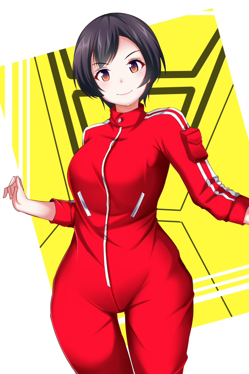 absurdres animification black_hair bodysuit breasts brown_eyes commission female gekisou_sentai_carranger highres long_sleeves looking_at_viewer medium_breasts pandacross pixiv_commission pouch red_bodysuit shinohara_natsumi short_hair smile solo standing super_sentai yellow_background