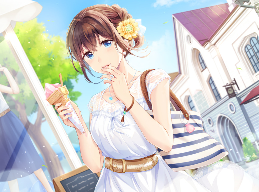 bad_id bad_pixiv_id bag blue_eyes blue_skirt blurry blurry_background blush braid brown_hair building collarbone commentary_request day depth_of_field dress dutch_angle female flower food gelato_(food) hair_flower hair_ornament hand_to_own_mouth holding holding_food jewelry looking_at_viewer mannequin mono_lith original outdoors parted_lips pendant ring seashell see-through shell short_sleeves skirt solo striped tree wedding_ring white_dress window yellow_flower