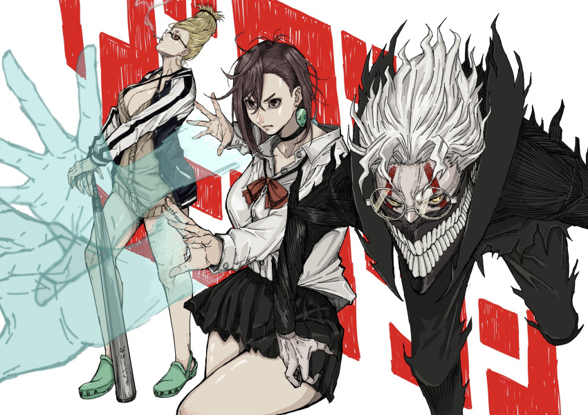 2boys ayase_momo ayase_seiko baseball_bat beehive_hairdo black_choker black_jacket black_pants blonde_hair breasts brown_hair choker cigarette cleavage collared_shirt crocs dandadan earrings erupusai2 facial_mark female fingernails gakuran ghost_hands glasses highres hoop_earrings jacket jewelry large_breasts letterman_jacket looking_to_the_side mask medium_hair mouth_mask multiple_boys pants popped_collar psychic red_ribbon ribbon round_eyewear school_uniform semi-rimless_eyewear sharp_fingernails shirt short_hair simple_background skirt smoke smoking spiked_hair takakura_ken_(dandadan) teeth thighs torn_clothes white_background white_hair white_shirt yellow_eyes