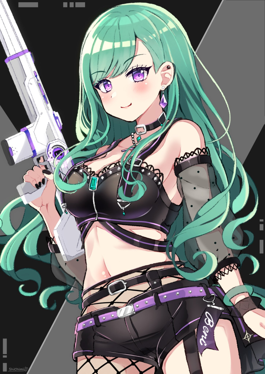 assault_rifle belt black_belt black_choker black_shorts blush bracelet breasts choker cleavage collarbone detached_sleeves dutch_angle earrings female green_hair gun hair_behind_ear highres holding holding_gun holding_weapon jewelry medium_breasts mole mole_on_breast nanamira_bi navel purple_belt purple_eyes rifle short_shorts shorts smile solo trigger_discipline v-shaped_eyebrows valorant virtual_youtuber vspo! weapon yakumo_beni yakumo_beni_(1st_costume)