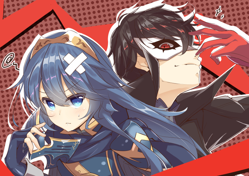 1boy absurdres amamiya_ren armor black_hair blue_eyes blue_hair blush cape commentary_request falchion_(fire_emblem) female fire_emblem fire_emblem_awakening gloves hair_between_eyes hair_ornament hakoniwa-boxer highres long_hair looking_at_viewer lucina_(fire_emblem) mask persona persona_5 red_eyes red_gloves short_hair simple_background smile super_smash_bros. sword tiara weapon