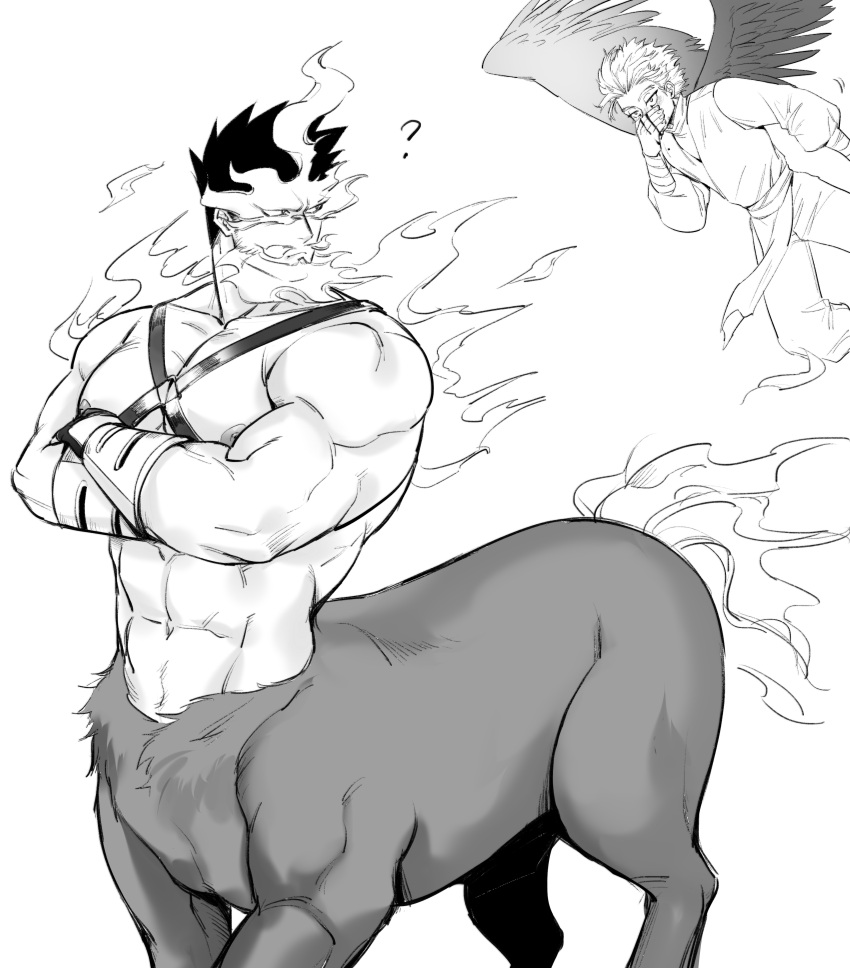 2boys ? abs absurdres bara beard blush boku_no_hero_academia centaur chest_harness crossed_arms endeavor_(boku_no_hero_academia) facial_hair feathered_wings fire flying greyscale harness hawks_(boku_no_hero_academia) helen_roro highres large_pectorals male_focus mature_male monochrome monster_boy monsterification multiple_boys muscular muscular_male navel nipples pectorals scar scar_across_eye scar_on_face short_hair sideburns spiked_hair stomach stubble tail taur wings yaoi