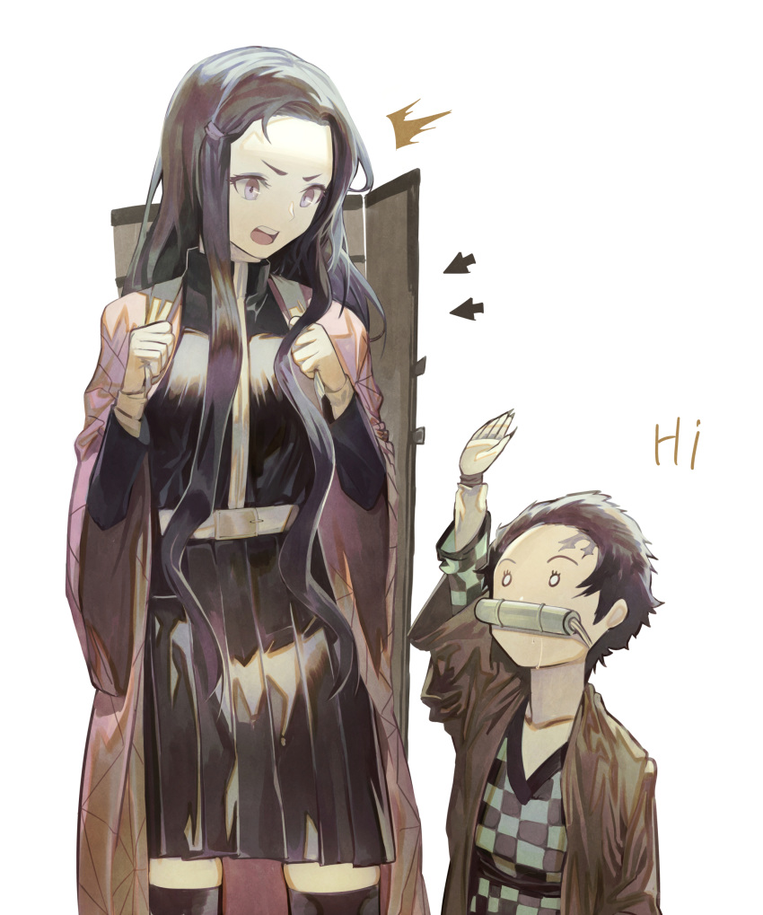 1boy absurdres age_switch aged_down aged_up alternate_universe belt bit_gag black_hair black_shirt black_skirt breasts commentary_request demon_slayer_uniform female gag gyudong123 highres kamado_nezuko kamado_tanjirou kimetsu_no_yaiba kneehighs lolicon long_hair looking_at_another medium_breasts no_pupils pleated_skirt role_reversal scar scar_on_face scar_on_forehead shirt short_hair sidelocks simple_background skirt socks thighhighs v-shaped_eyebrows white_background white_belt wide_sleeves