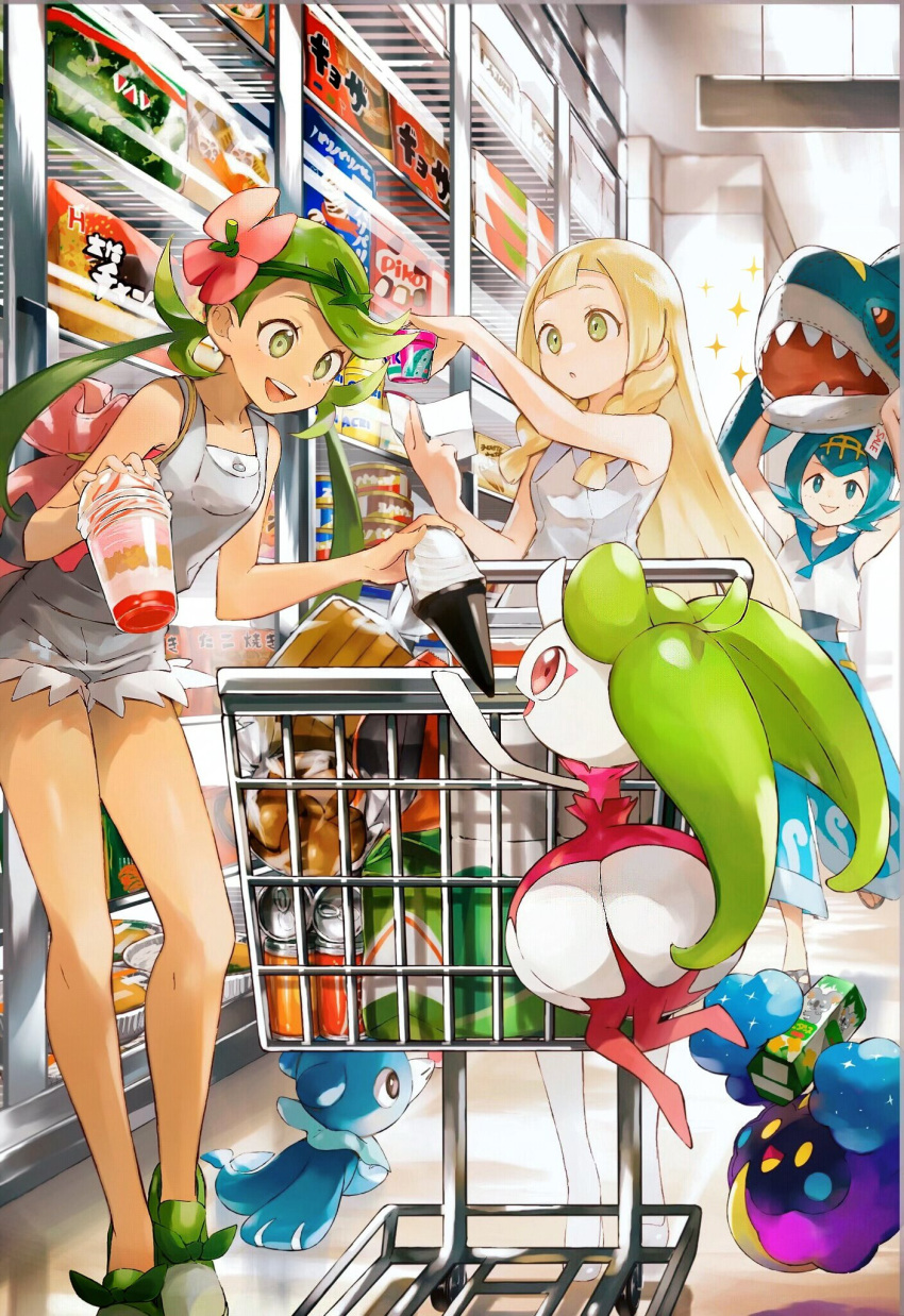 3girls blonde_hair blue_hair cosmog food green_eyes green_hair highres holding holding_stuffed_toy ice_cream indoors koala_no_march komala lana_(pokemon) lillie_(pokemon) logo_parody long_hair mallow_(pokemon) multiple_girls orange_mikan pino_(food) pokemon pokemon_(creature) pokemon_sm popplio sharpedo shopping_cart steenee stuffed_animal stuffed_shark stuffed_toy supermarket