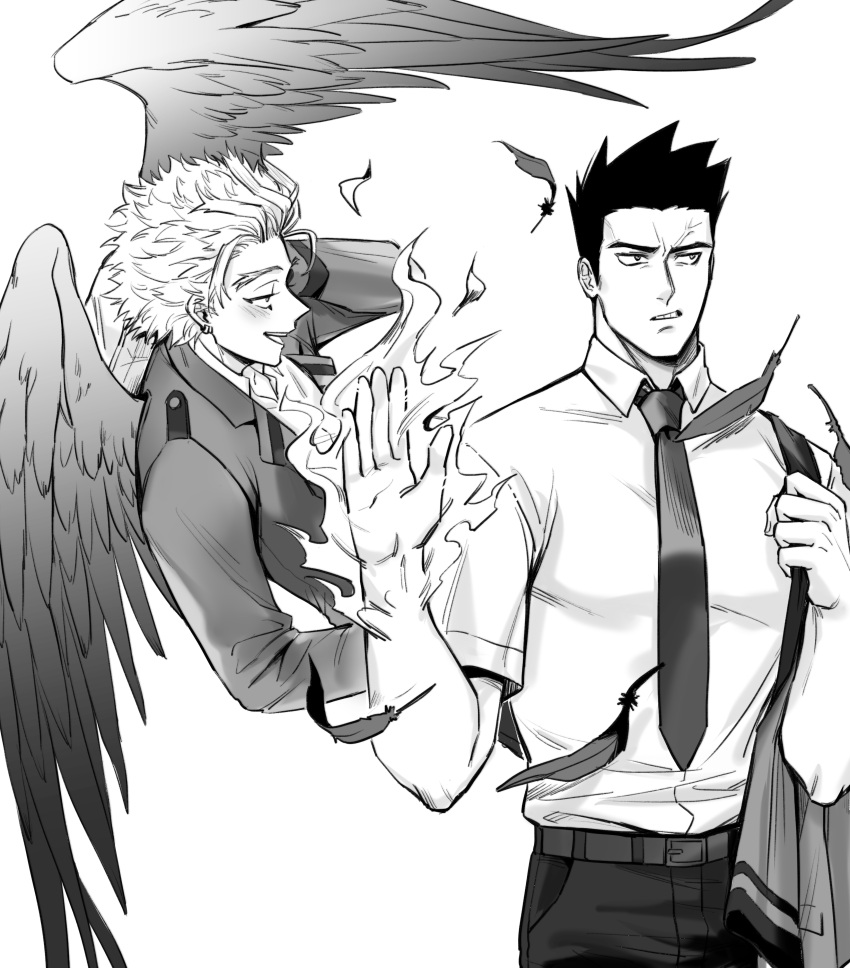 2boys absurdres aged_down blush boku_no_hero_academia endeavor_(boku_no_hero_academia) feathered_wings fire flying formal greyscale hawks_(boku_no_hero_academia) helen_roro highres looking_to_the_side male_focus monochrome multiple_boys necktie pectorals pushing_away scar scar_across_eye scar_on_face shirt short_hair sideburns spiked_hair toned toned_male wings yaoi