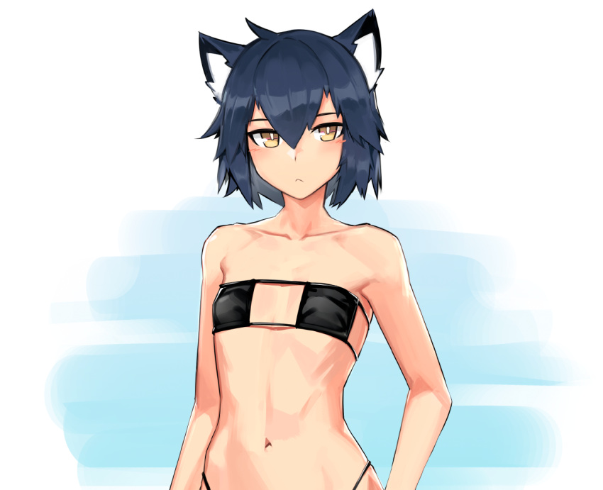 animal_ears bikini blue_hair catgirl cropped deel_(rkeg) flat_chest navel original ramn short_hair swimsuit yellow_eyes