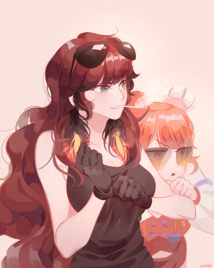 2girls aviator_sunglasses black_hair cigarette ellie_niunai_zhuyi_zhe eyewear_on_head feathers gloves gradient_hair highres hololive hololive_english long_hair mamatori mother_and_daughter multicolored_hair multiple_girls orange_hair pink_background purple_eyes shirt smoking sunglasses takanashi_kiara takanashi_kiara_(1st_costume) virtual_youtuber