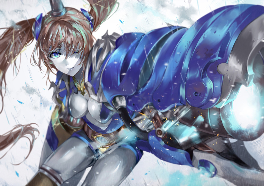 arm_cannon blue_eyes breasts brown_hair character_request cleavage female hair_ornament highres long_hair looking_at_viewer mecha_musume medium_breasts one_eye_closed solo thighhighs tower_of_saviors twintails vardan weapon