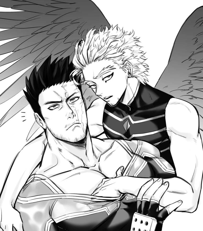 2boys absurdres bare_shoulders bodysuit boku_no_hero_academia clothes_pull collarbone couple endeavor_(boku_no_hero_academia) facial_hair feathered_wings flying grabbing greyscale hawks_(boku_no_hero_academia) helen_roro highres large_pectorals looking_at_viewer male_focus mature_male monochrome multiple_boys muscular muscular_male pectoral_cleavage pectoral_grab pectorals pulling_another's_clothes scar scar_across_eye scar_on_face shirt shirt_pull short_hair sideburns sleeveless sleeveless_shirt spiked_hair spread_wings stubble upper_body wings yaoi