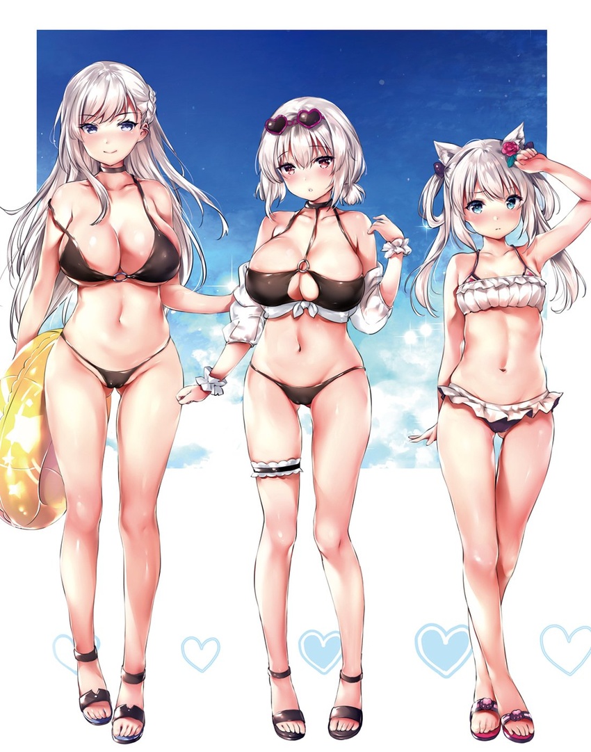 3girls animal_ear_fluff animal_ears arm_up armpits ass_visible_through_thighs azur_lane bad_id bad_twitter_id bare_arms bare_legs bare_shoulders belfast_(azur_lane) bikini black_bikini blue_eyes braid breasts bridal_garter cameltoe cat_ears chiyingzai choker cleavage closed_mouth collarbone commentary eyewear_on_head flower frilled_bikini frills front-tie_top frown full_body grey_hair groin hair_flower hair_ornament hair_rings halterneck hammann_(azur_lane) hammann_(rebellious_summer)_(azur_lane) heart heart-shaped_eyewear height_difference highres holding innertube large_breasts long_hair looking_at_viewer multiple_girls navel o-ring o-ring_bikini off_shoulder official_alternate_costume parted_lips purple_eyes red_eyes sandals scrunchie short_hair short_ponytail side-by-side sirius_(azur_lane) sirius_(scorching-hot_seirios)_(azur_lane) small_breasts smile sparkle standing stomach strap_slip sunglasses swim_ring swimsuit thigh_gap thighs twintails white_bikini wrist_scrunchie