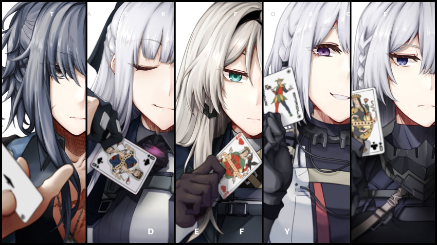 5girls ace_(playing_card) ace_of_spades ak-12_(girls'_frontline) ak-15_(girls'_frontline) an-94_(girls'_frontline) angelia_(girls'_frontline) aqua_eyes black_gloves black_hair black_hairband blonde_hair braid card chest_strap closed_eyes closed_mouth commentary criss-cross_suspenders defy_(girls'_frontline) french_braid girls'_frontline gloves grey_eyes grey_hair hair_ornament hairband hairclip hairpin half-closed_eyes head_tilt highres holding holding_card jacket joker_(playing_card) long_hair long_sleeves looking_at_viewer medium_hair multiple_girls nakiusagi open_mouth playing_card purple_eyes queen_(playing_card) queen_of_clubs queen_of_hearts_(playing_card) queen_of_spades rpk-16_(girls'_frontline) scar scar_on_chest sidelocks smile spade_(shape) tactical_clothes unhappy upper_body white_background