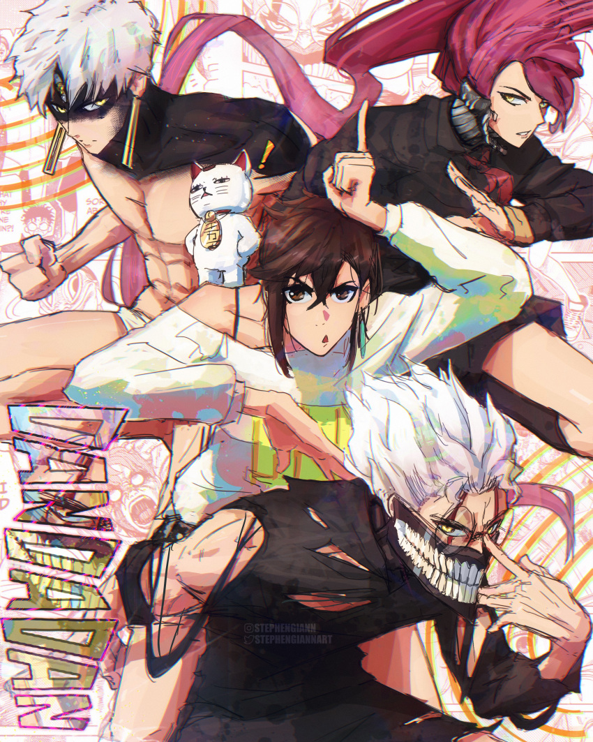 2boys 3girls abs absurdres acrobatic_silky_(dandadan) adjusting_clothes animal_on_shoulder ayase_momo black_serafuku brown_hair dandadan earrings evil_eye_(dandadan) glasses hands_on_own_hips highres instagram_username jewelry jin_enjoji long_hair looking_at_viewer medium_hair multiple_boys multiple_girls muscular muscular_male off_shoulder pink_hair pointing pointing_up prehensile_hair round_eyewear school_uniform serafuku shiratori_aira_(dandadan) shirt short_hair single_sidelock spiked_hair stephengiannart sweater takakura_ken_(dandadan) third_eye topless_male torn_clothes transformation turbo_granny twitter_username underwear very_long_hair white_hair white_shirt white_sweater yellow_eyes