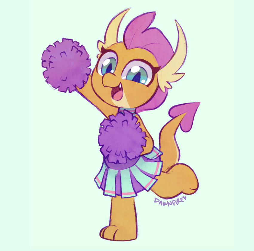 2019 anthro bottomwear celebi-yoshi cheerleader clothed clothing daww digital_media_(artwork) dragon eyelashes female friendship_is_magic hasbro hi_res looking_at_viewer my_little_pony mythological_creature mythological_scalie mythology on_one_leg open_mouth open_smile orange_body outline pom_poms scalie simple_background skirt smile smolder_(mlp) solo standing tail teal_eyes